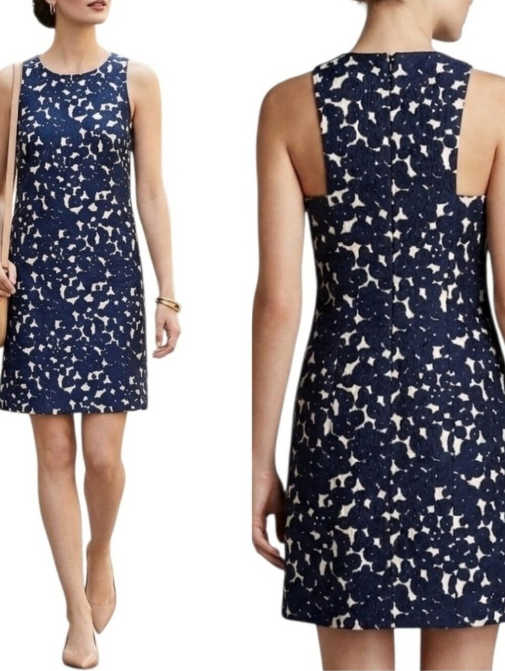 CLUB MONACO Navy Blue Wool & Silk Blend Floral Mini Dress Women's Size 4